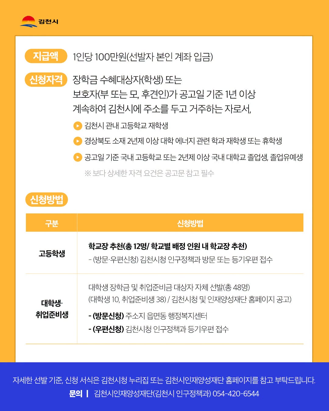 [교외]2026년 김천시-한국전력기술 대학생 지역상생 장학금 및 취업준비금 지원사업 안내 2
